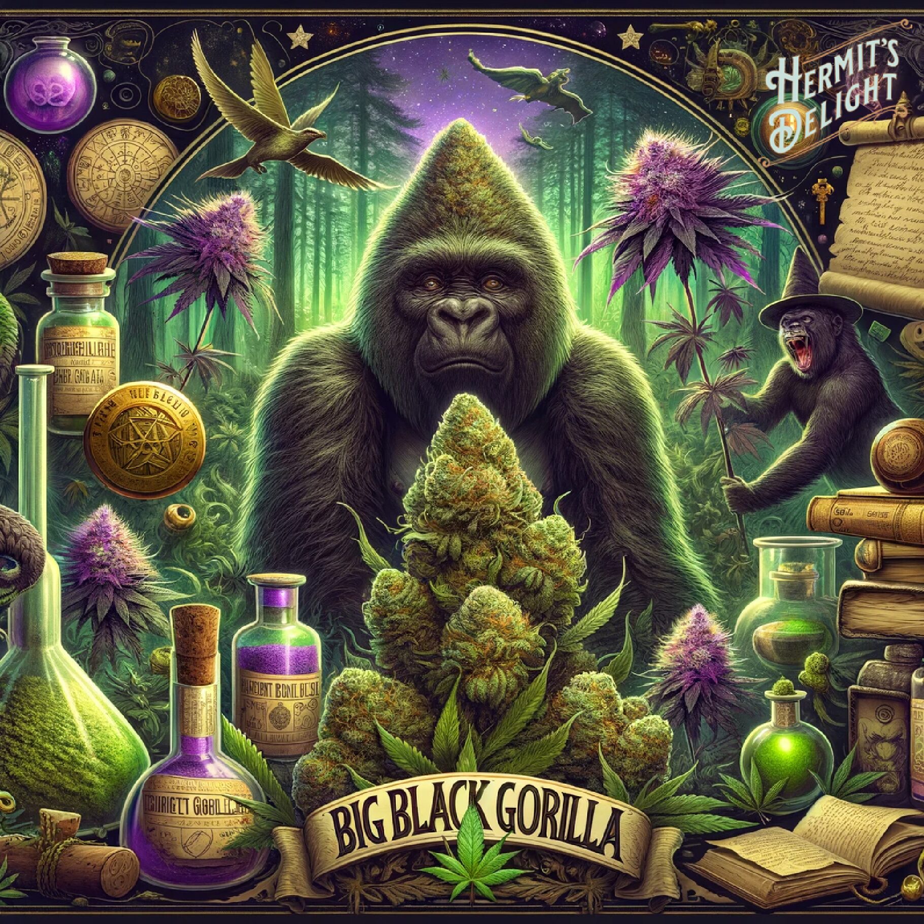Big Black Gorilla, cultivated in the deepest shadows of Hermit's Delight's mystical forests, is a formidable strain, embodying the strength and mystery of the forest's most majestic protector. This powerful indica-dominant hybrid combines a profound sense of relaxation with an air of enigma, much like encountering a gentle giant in the heart of the woods.

With its dense, resinous buds and earthy, musky aroma tinged with a hint of wild berries, Big Black Gorilla is like a whispered legend come to life. It offers a tranquil yet intense journey, drawing you deeper into the ancient tales and secrets of Hermit's Delight's hidden groves.
