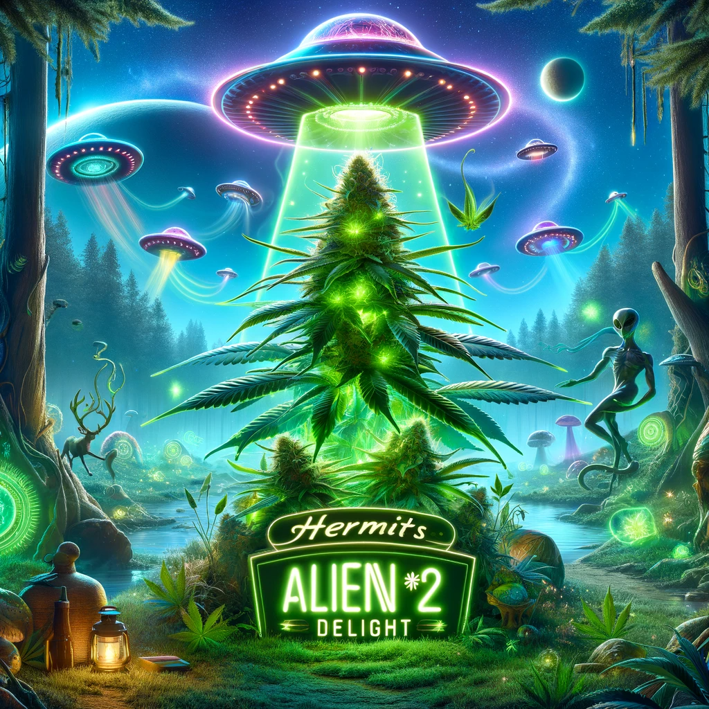DALL·E 2024-01-18 07.38.48 - Create a captivating image for a fictional cannabis strain named 'Alien #2' within the 'Hermit's Delight' line. Ensure the words 'Alien #2' are displa