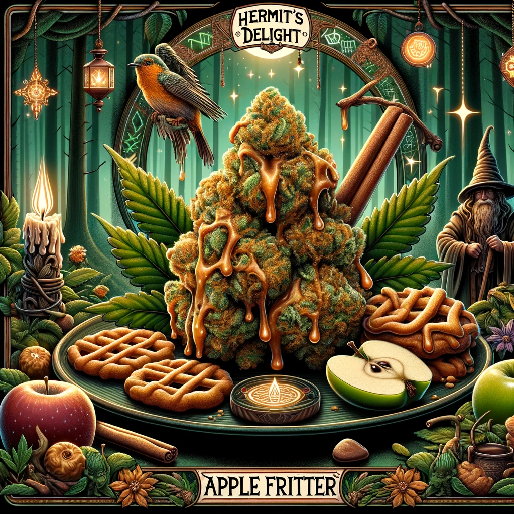 DALL·E 2023-11-14 10.42.10 - Create an intricate and alluring image for the 'Apple Fritter' cannabis strain that draws inspiration from the actual apple fritter pastry. The desi