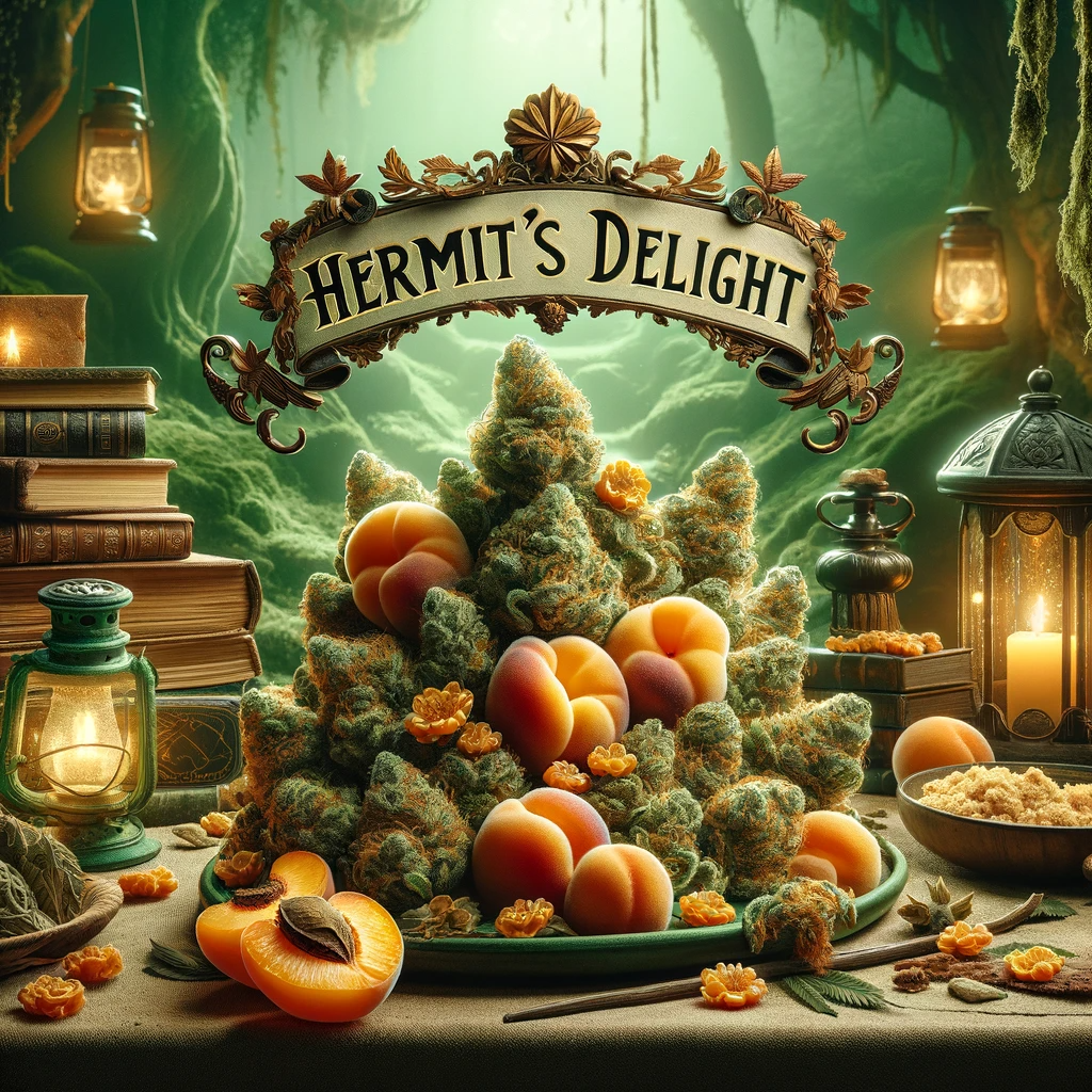 DALL·E 2023-11-14 12.42.46 - Create an intricate and captivating image for the 'Apricot Crumble' cannabis strain that fits the Hermit's Delight theme. At the top of the image,