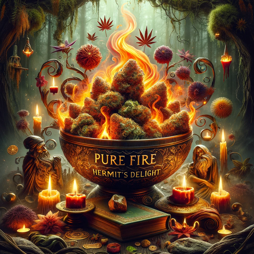DALL·E 2023-11-22 10.28.51 - Create an artistic image for the fictional cannabis strain 'Pure Fire', following the Hermit's Delight theme. The composition should be centered aroun