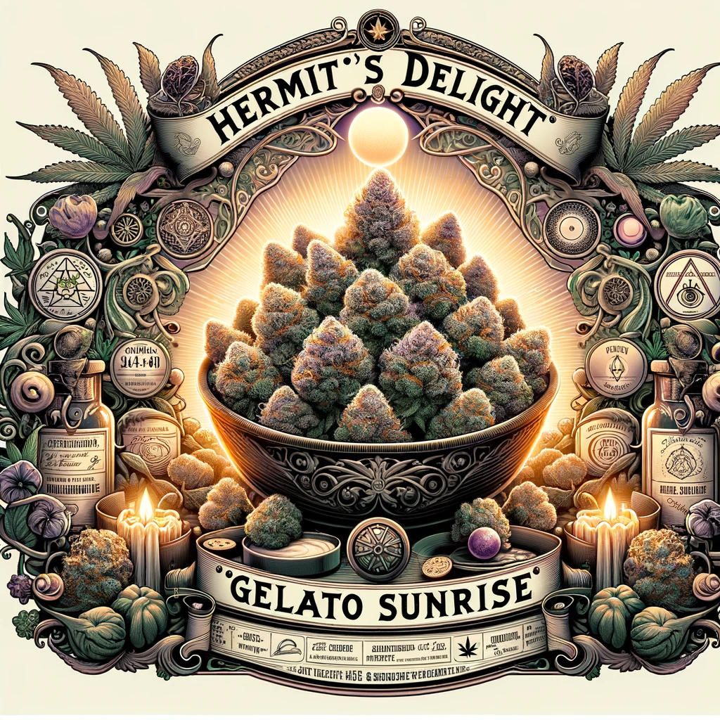 DALL·E 2024-01-31 08.38.01 - Design an image for the 'Gelato Sunrise' cannabis strain that fits the Hermit's Delight brand. The image should be reminiscent of vintage apothecar