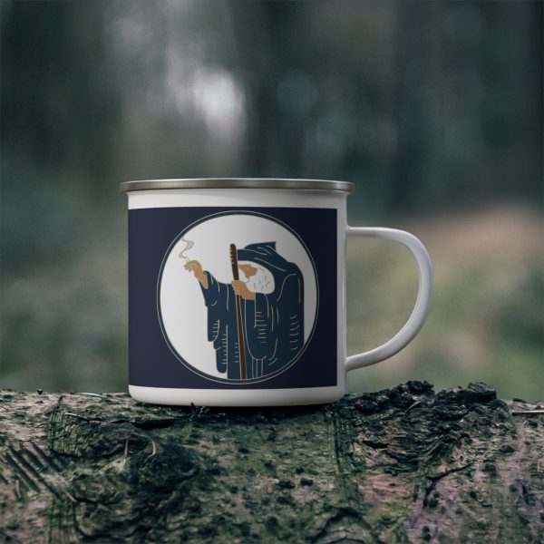 enamel hermit's delight camping mug, wizard smoking logo side 1
