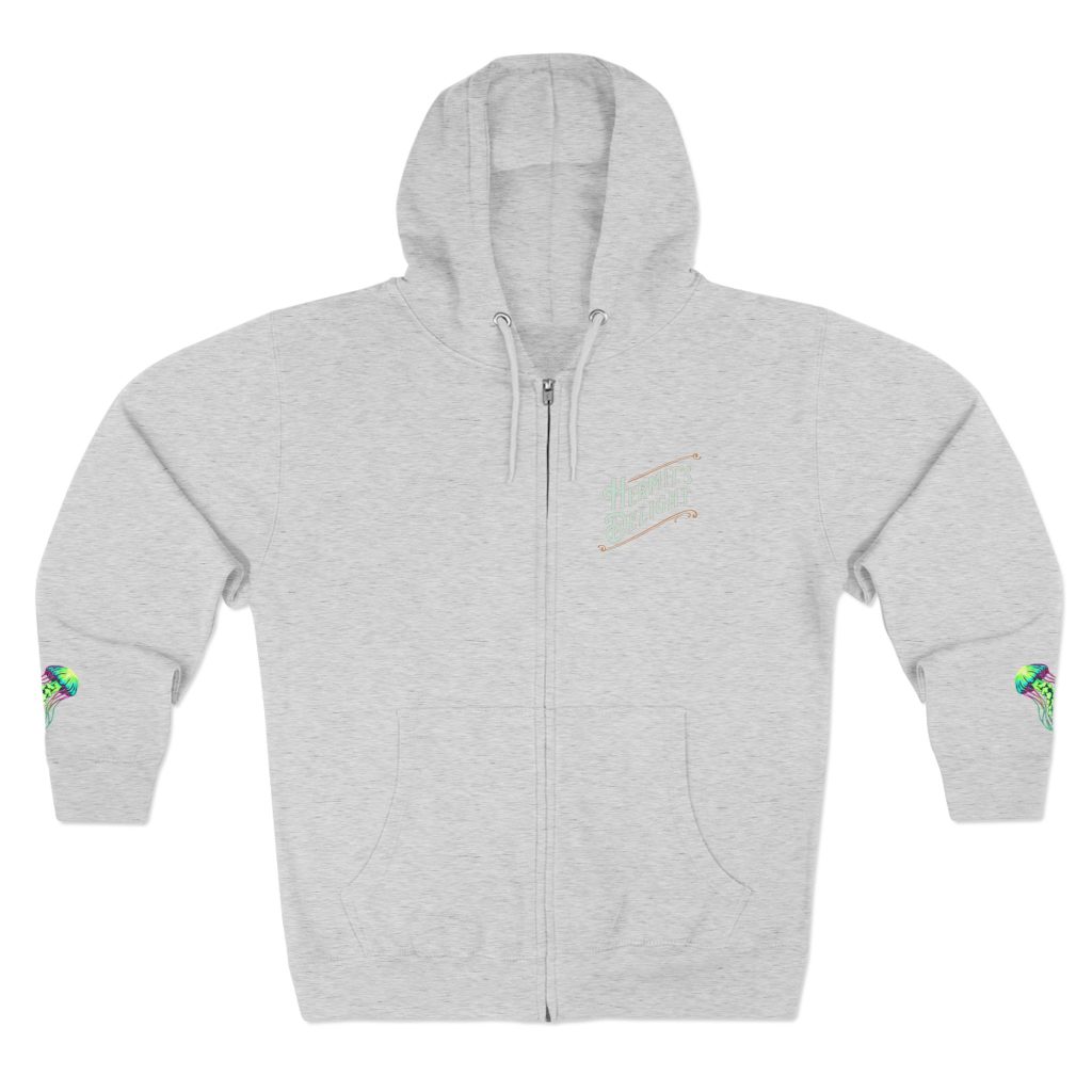 Heather gray full-zip hoodie with a subtle "Hermit's Delight" logo on the left chest and a colorful jellyfish on the end of both sleeves.