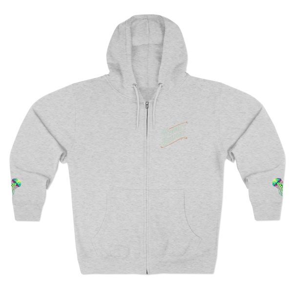 Heather gray full-zip hoodie with a subtle "Hermit's Delight" logo on the left chest and a colorful jellyfish on the end of both sleeves.