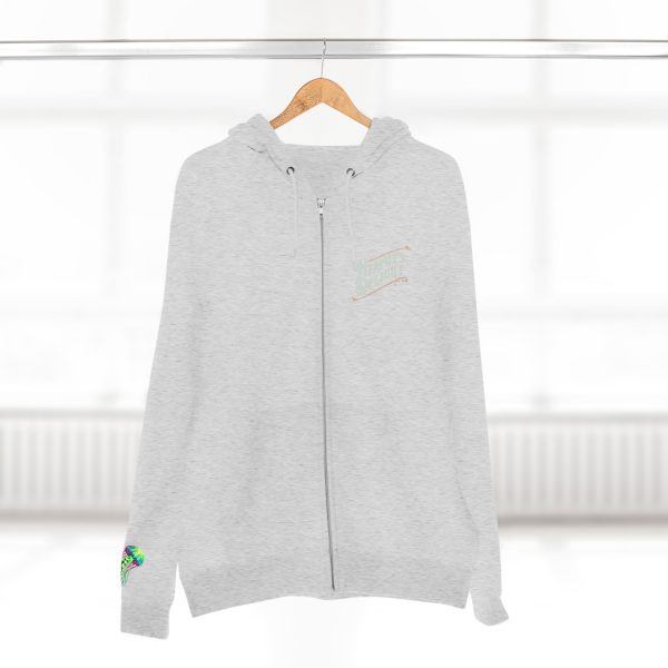Heather gray full-zip hoodie with a subtle "Hermit's Delight" logo on the left chest and a colorful jellyfish on the right sleeve.