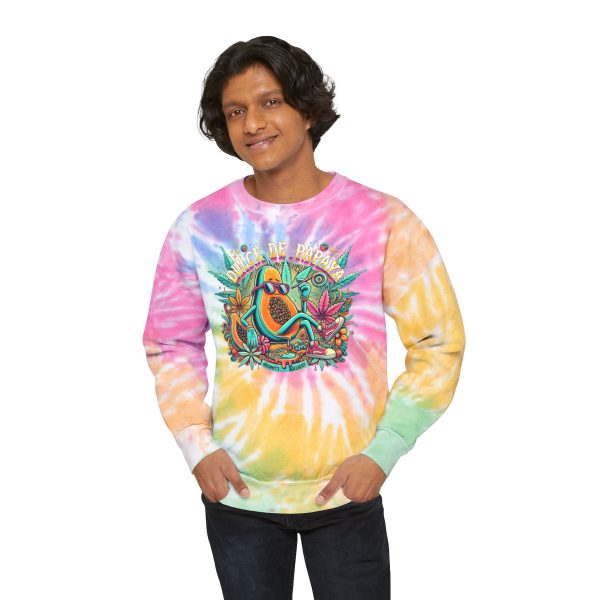 dulce de papaya tie dye sweatshirt. text "dulce de papaya" above a half cut papaya wearing sunglasses, vans, and cannabis leaves in the background.
