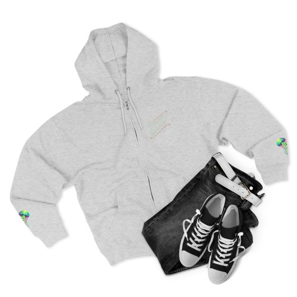 Heather gray full-zip hoodie with a subtle "Hermit's Delight" logo on the left chest and a colorful jellyfish on the end of both sleeves.