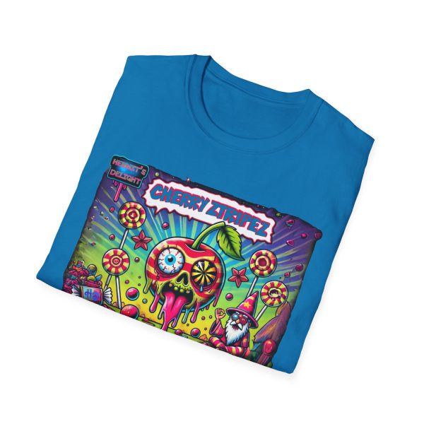 Folded bright blue t-shirt featuring a colorful psychedelic graphic with the text 'Cherry Stripez' and 'Hermit's Delight.' The design shows a melting skull-shaped cherry with a psychedelic eyeball, surrounded by candy, stars, and lollipops, with a wizard-like character in the bottom right corner. Bold, neon colors in pink, green, yellow, and purple give it a vibrant, surreal look.