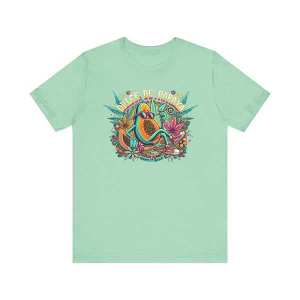 mint t-shirt with a colorful graphic of a lounging papaya character wearing sunglasses, surrounded by marijuana leaves and the words “Dulce de Papaya” in bold text above.