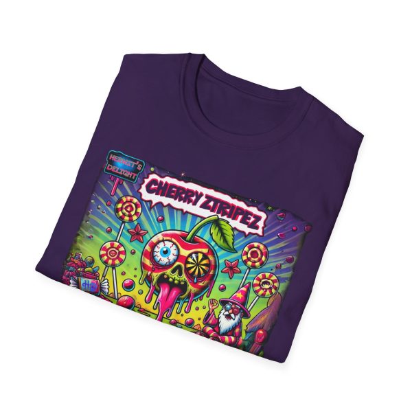 Folded purple t-shirt featuring a colorful psychedelic graphic with the text 'Cherry Stripez' and 'Hermit's Delight.' The design shows a melting skull-shaped cherry with a psychedelic eyeball, surrounded by candy, stars, and lollipops, with a wizard-like character in the bottom right corner. Bold, neon colors in pink, green, yellow, and purple give it a vibrant, surreal look.