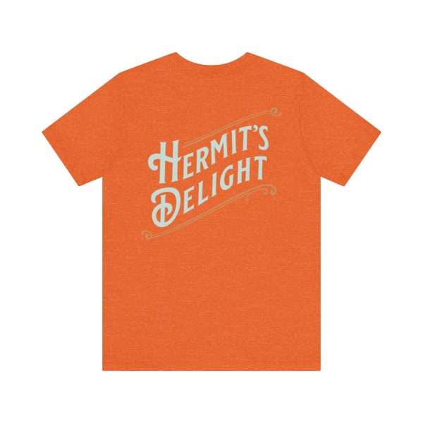 back view, Hermit's Delight logo across the whole back, centered.