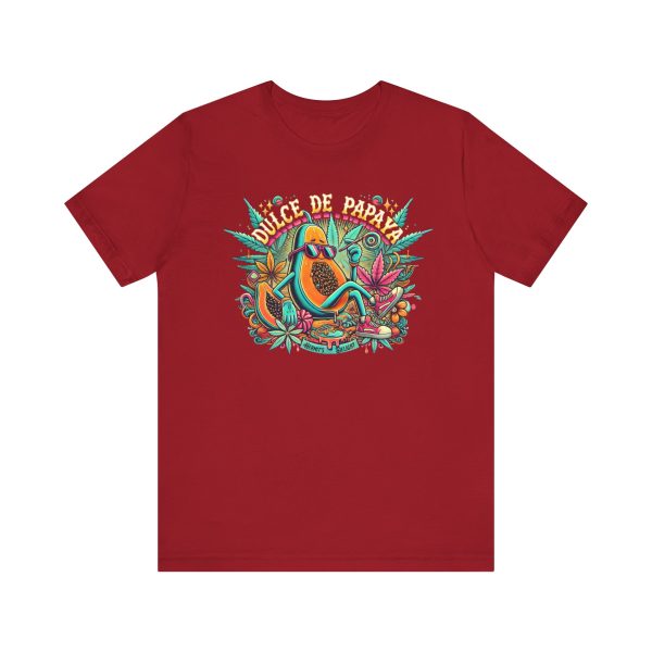 Red t-shirt with a colorful graphic of a lounging papaya character wearing sunglasses, surrounded by marijuana leaves and the words “Dulce de Papaya” in bold text above.