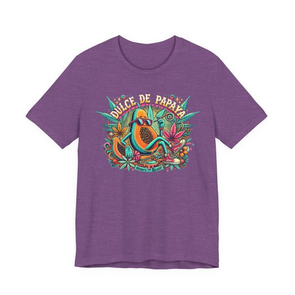 heather purple t-shirt with a colorful graphic of a lounging papaya character wearing sunglasses, surrounded by marijuana leaves and the words “Dulce de Papaya” in bold text above.