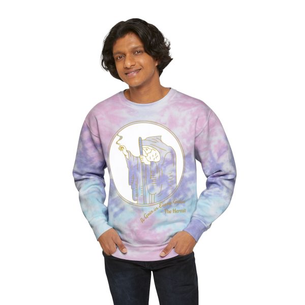 hermit's delight tie dye sweatshirt, front view, wizard man smoking outline. "A Grin in Every Gram - The Hermit" text in the bottom left.