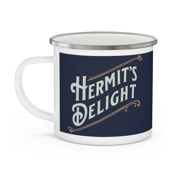 enamel hermit's delight camping mug, side 2, hermit's delight logo. metal top rim