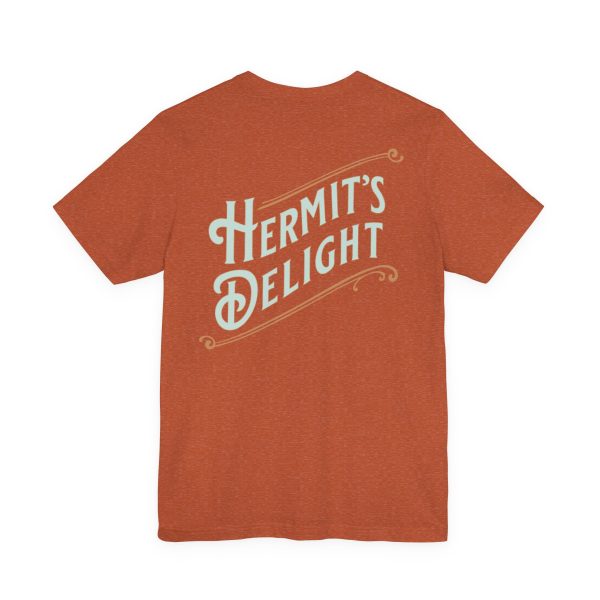 back view, Hermit's Delight logo across the whole back, centered.