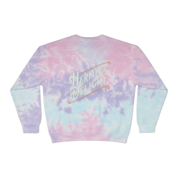 rear view, hermit's delight tie dye sweatshirt with logo