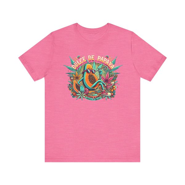 heather pink t-shirt with a colorful graphic of a lounging papaya character wearing sunglasses, surrounded by marijuana leaves and the words “Dulce de Papaya” in bold text above.