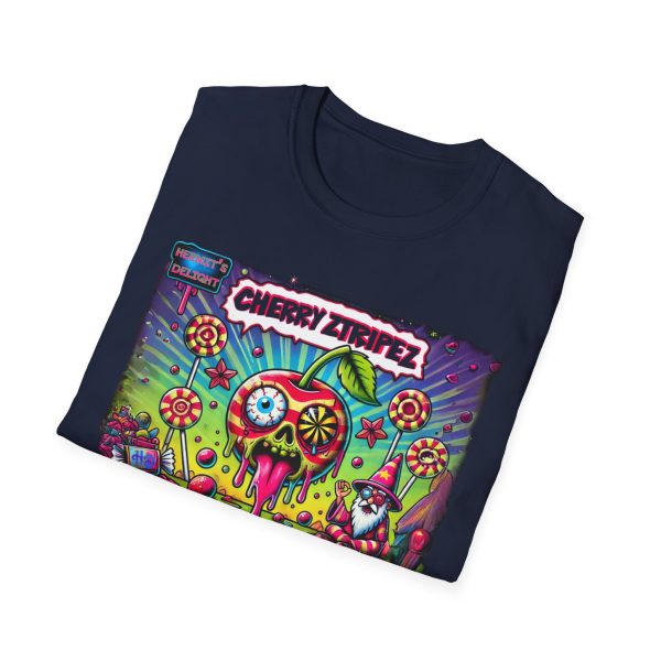 Folded navy t-shirt featuring a colorful psychedelic graphic with the text 'Cherry Stripez' and 'Hermit's Delight.' The design shows a melting skull-shaped cherry with a psychedelic eyeball, surrounded by candy, stars, and lollipops, with a wizard-like character in the bottom right corner. Bold, neon colors in pink, green, yellow, and purple give it a vibrant, surreal look.