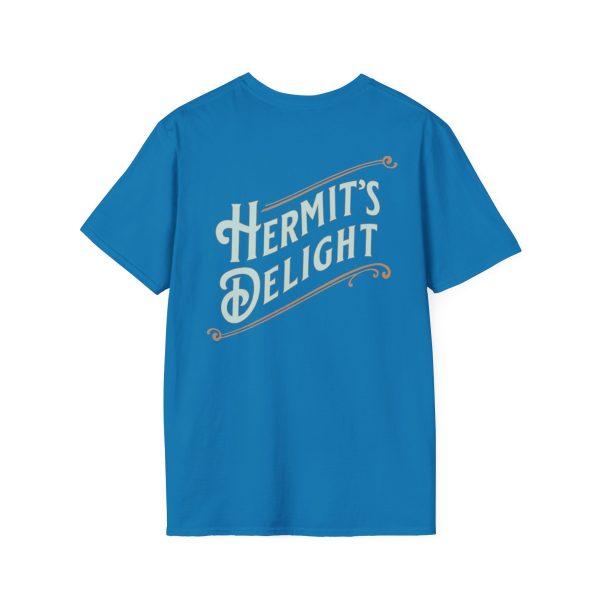 back view, Hermit's Delight logo across the whole back, centered.