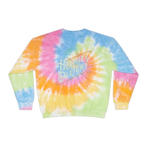 dulce de papaya tie dye sweatshirt, rear view,. pink and yellow mostly shown but also has green, orange, blue, and purple. logo centered