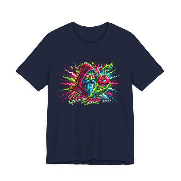 navy t-shirt a hooded wizard holding a glowing cherry with electric accents and the words 'Cherry Choka.' electric pink, green, red, and blue colors throughout.