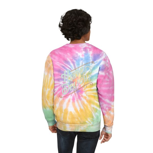 dulce de papaya tie dye sweatshirt, rear view,. pink and yellow mostly shown but also has green, orange, blue, and purple. logo centered