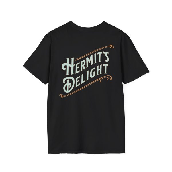 back view, Hermit's Delight logo across the whole back, centered.