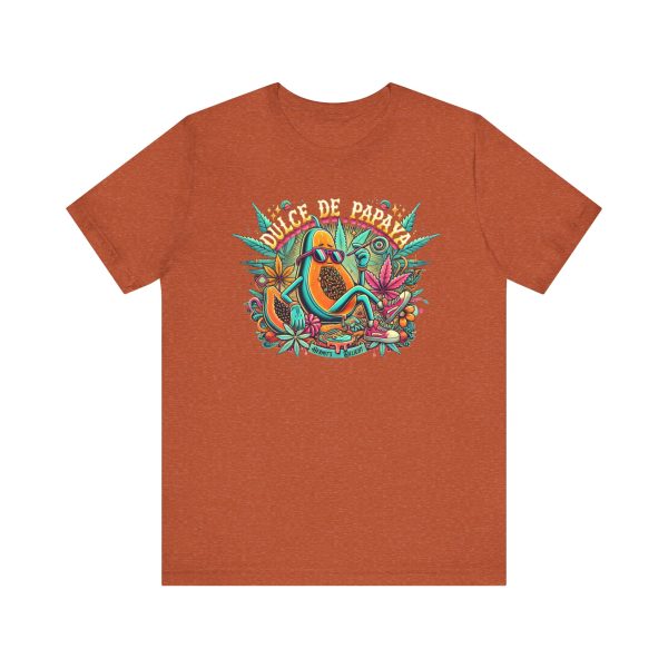 heather autumn orange t-shirt with a colorful graphic of a lounging papaya character wearing sunglasses, surrounded by marijuana leaves and the words “Dulce de Papaya” in bold text above.