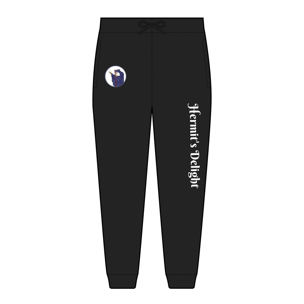 hermit's delight fleece joggers black, circle wizard smoking icon top right leg and "hermit's delight" going down left leg