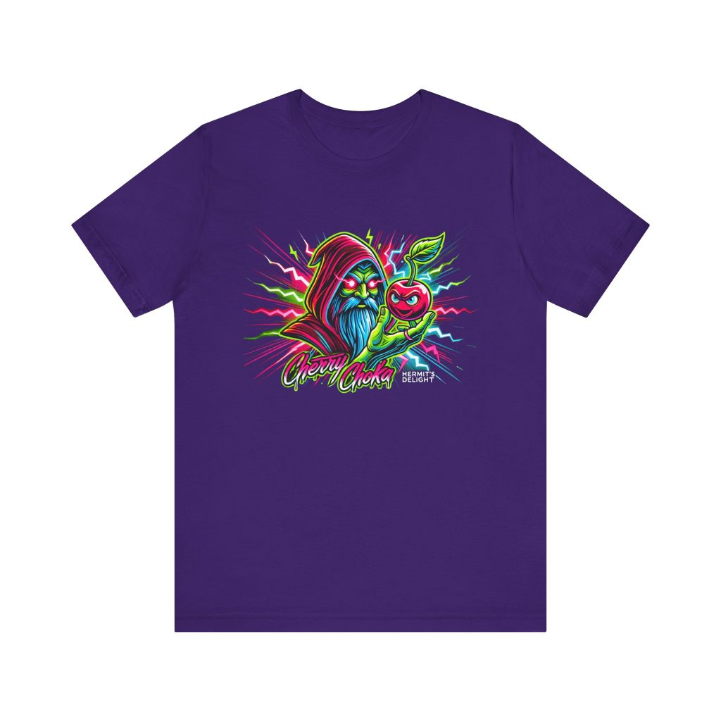 purple t-shirt a hooded wizard holding a glowing cherry with electric accents and the words 'Cherry Choka.' electric pink, green, red, and blue colors throughout.