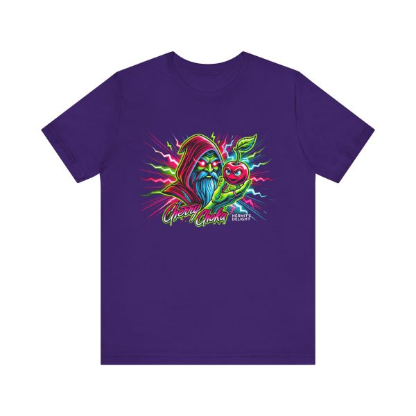 purple t-shirt a hooded wizard holding a glowing cherry with electric accents and the words 'Cherry Choka.' electric pink, green, red, and blue colors throughout.