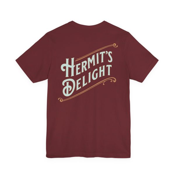 back view, Hermit's Delight logo across the whole back, centered.