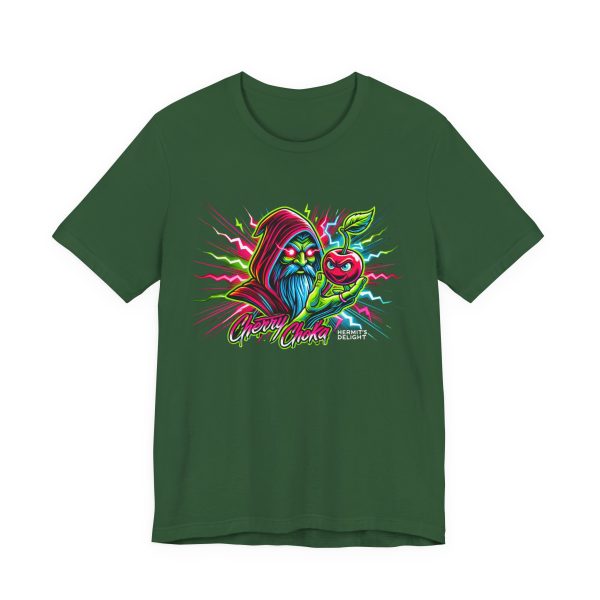 green t-shirt a hooded wizard holding a glowing cherry with electric accents and the words 'Cherry Choka.' electric pink, green, red, and blue colors throughout.