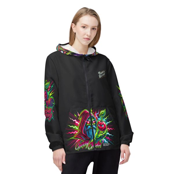Black zip-up hoodie featuring vibrant neon artwork and a 'Hermit's Delight' logo on the left chest. The front pocket showcases a hooded wizard holding a glowing cherry with electric accents and the words 'Cherry Choka.' Sleeve graphics include bold cherry-themed designs with 'Buff Cherry' text. The hood is lined with a colorful patterned fabric. Eye-catching streetwear style with a relaxed fit.
