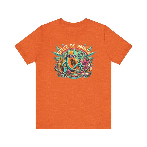 heather orange t-shirt with a colorful graphic of a lounging papaya character wearing sunglasses, surrounded by marijuana leaves and the words “Dulce de Papaya” in bold text above.