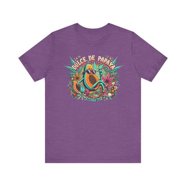 heather purple t-shirt with a colorful graphic of a lounging papaya character wearing sunglasses, surrounded by marijuana leaves and the words “Dulce de Papaya” in bold text above.
