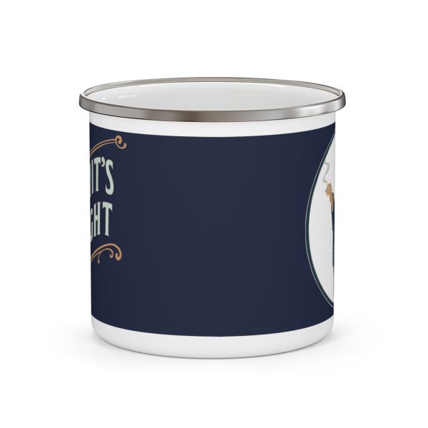 side view opposite the handle. hermit's delight logo partially shown on the left side, wizard partially shown on the right enamel hermit's delight camping mug