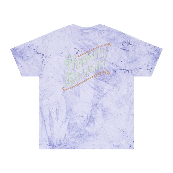 rear view, centered logo, hermit's circle color blast amethyst