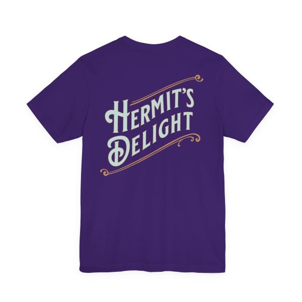 back view, Hermit's Delight logo across the whole back, centered.
