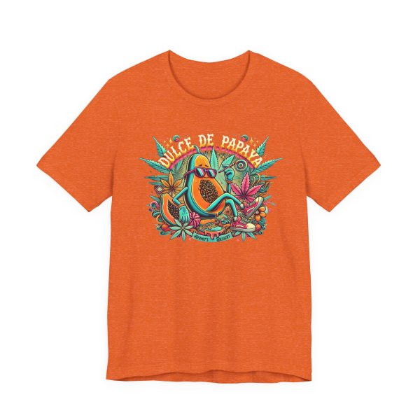 heather orange t-shirt with a colorful graphic of a lounging papaya character wearing sunglasses, surrounded by marijuana leaves and the words “Dulce de Papaya” in bold text above.