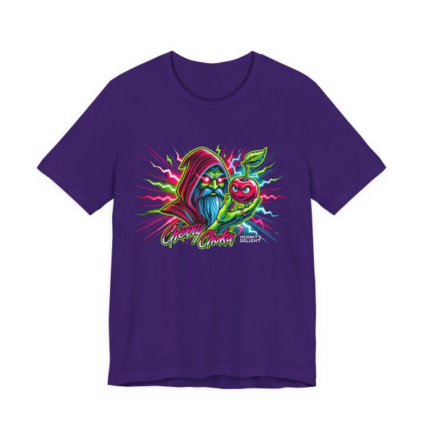 purple t-shirt a hooded wizard holding a glowing cherry with electric accents and the words 'Cherry Choka.' electric pink, green, red, and blue colors throughout.