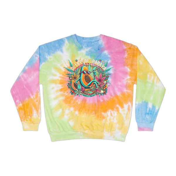 dulce de papaya tie dye sweatshirt. text "dulce de papaya" above a half cut papaya wearing sunglasses, vans, and cannabis leaves in the background.