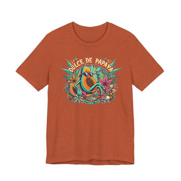heather autumn orange t-shirt with a colorful graphic of a lounging papaya character wearing sunglasses, surrounded by marijuana leaves and the words “Dulce de Papaya” in bold text above.