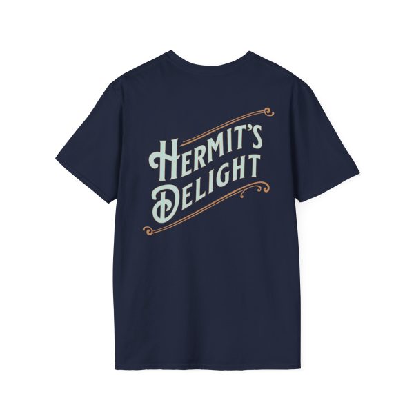 back view, Hermit's Delight logo across the whole back, centered.