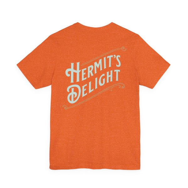 back view, Hermit's Delight logo across the whole back, centered.