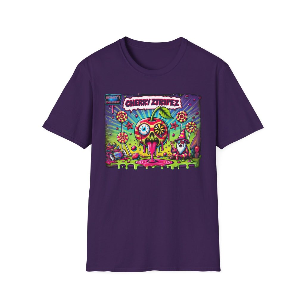purple t-shirt with rectangular design in the middle. largest left to right. Featuring a colorful psychedelic graphic with the text 'Cherry Stripez' and 'Hermit's Delight.' The design shows a melting skull-shaped cherry with a psychedelic eyeball, surrounded by candy, stars, and lollipops, with a wizard-like character in the bottom right corner. Bold, neon colors in pink, green, yellow, and purple give it a vibrant, surreal look.