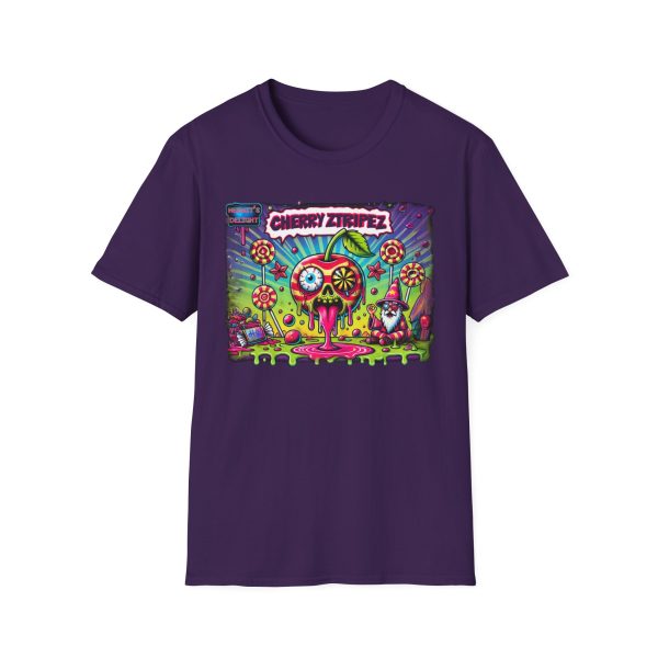 purple t-shirt with rectangular design in the middle. largest left to right. Featuring a colorful psychedelic graphic with the text 'Cherry Stripez' and 'Hermit's Delight.' The design shows a melting skull-shaped cherry with a psychedelic eyeball, surrounded by candy, stars, and lollipops, with a wizard-like character in the bottom right corner. Bold, neon colors in pink, green, yellow, and purple give it a vibrant, surreal look.