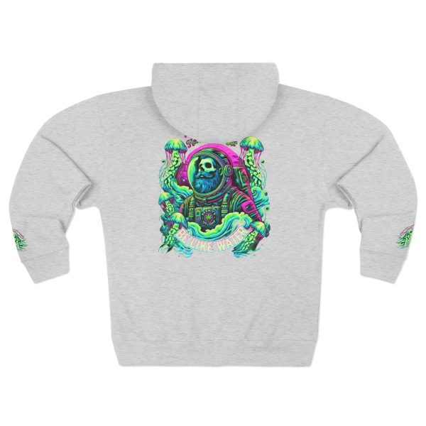 heather grey full-zip hoodie, viewed from the back, features a vibrant, neon-colored graphic of a bearded astronaut skull surrounded by glowing jellyfish and swirling tentacles. The astronaut's chest plate has a cannabis leaf design, and "BE LIKE WATER" is written below. Smaller, colorful jellyfish graphics are visible on both sleeves near the cuffs.